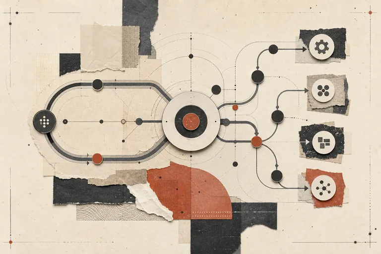 Paper collage of abstract agent structures and signal paths