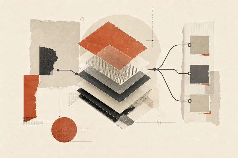 Paper collage of abstract open-source structures and signal paths
